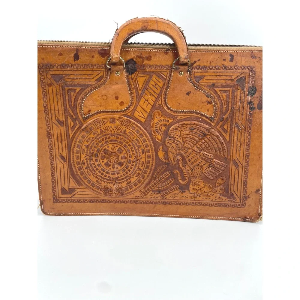 Vintage Mexican Hand Tooled Leather Briefcase - Aztec Sun Stone & Eagle - As-Is